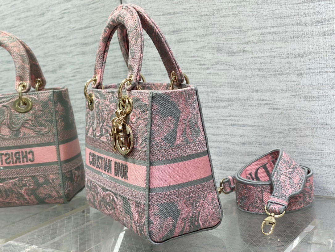 D*or lady d-lite medium bag in grey and pink toile de jouy reverse embroidery