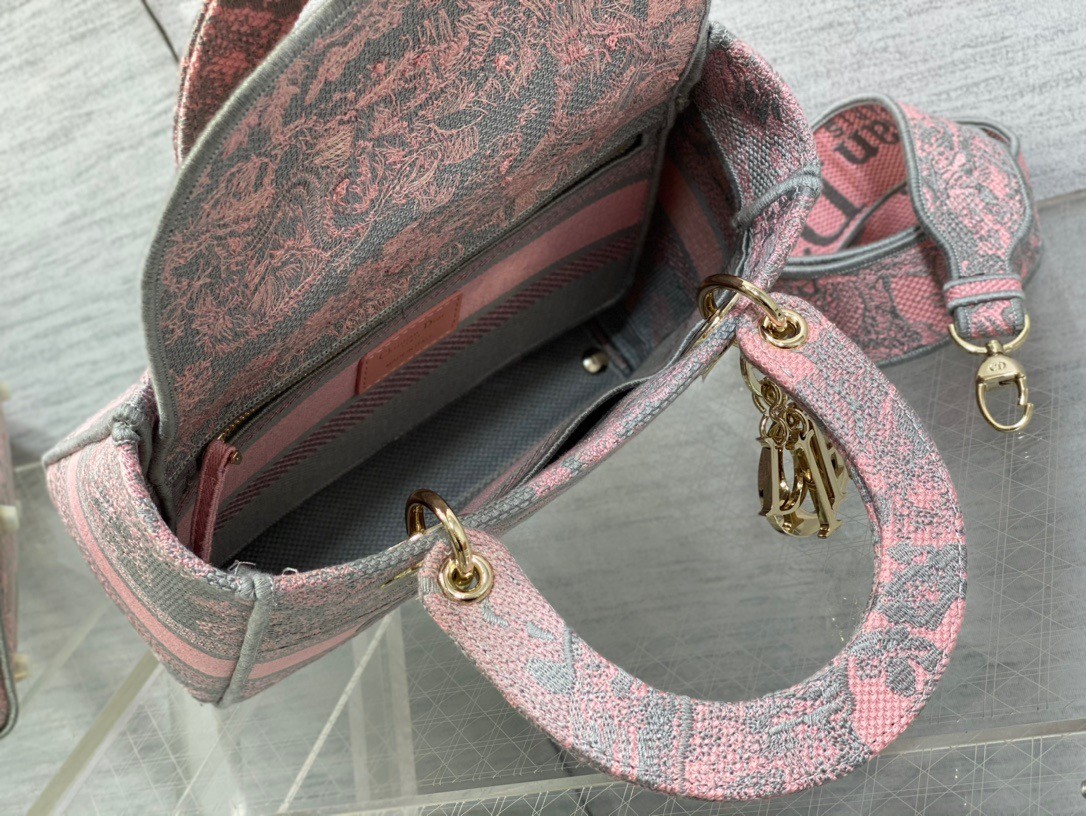 D*or lady d-lite medium bag in grey and pink toile de jouy reverse embroidery