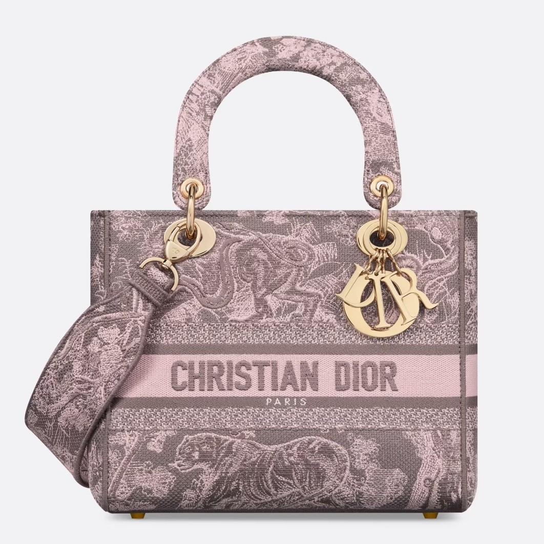 D*or lady d-lite medium bag in grey and pink toile de jouy reverse embroidery