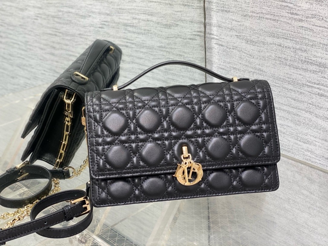 D*or miss D*or top handle bag in black cannage lambskin