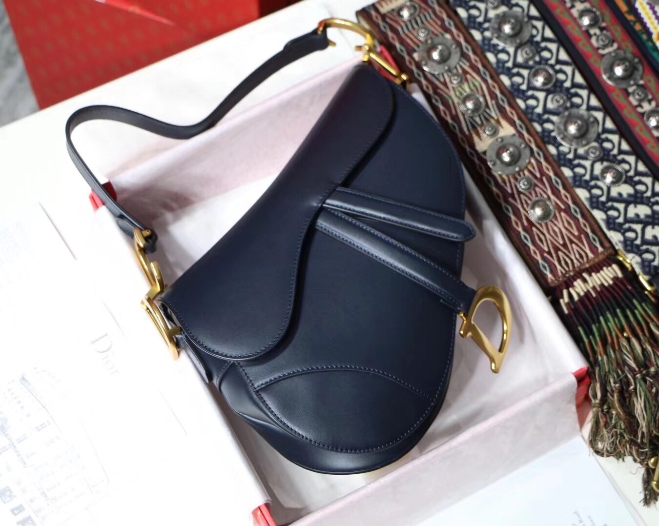 D*or saddle bag in navy blue calfskin