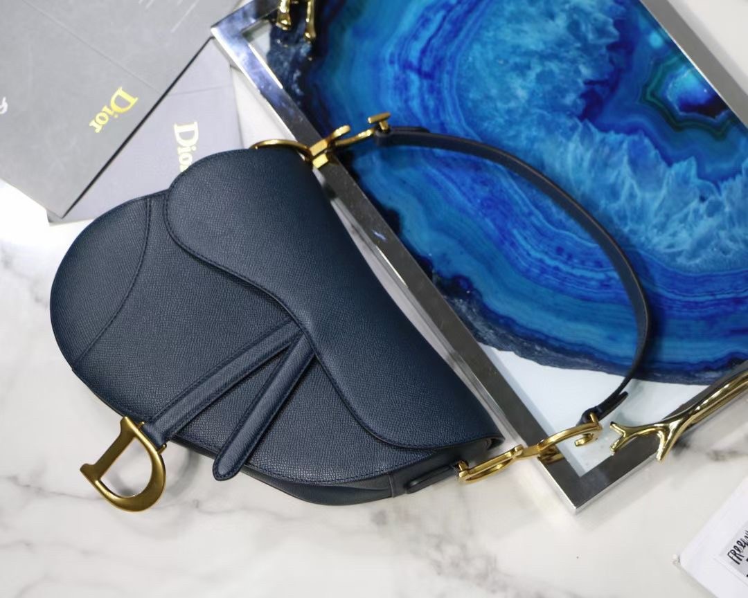 D*or saddle bag in navy blue grained calfskin