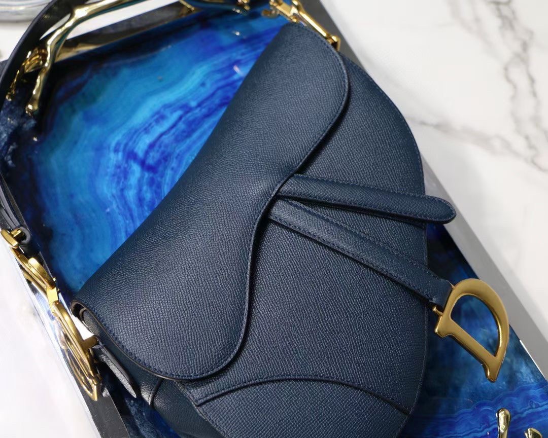 D*or saddle bag in navy blue grained calfskin