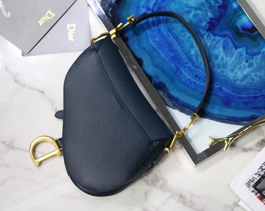 D*or saddle bag in navy blue grained calfskin