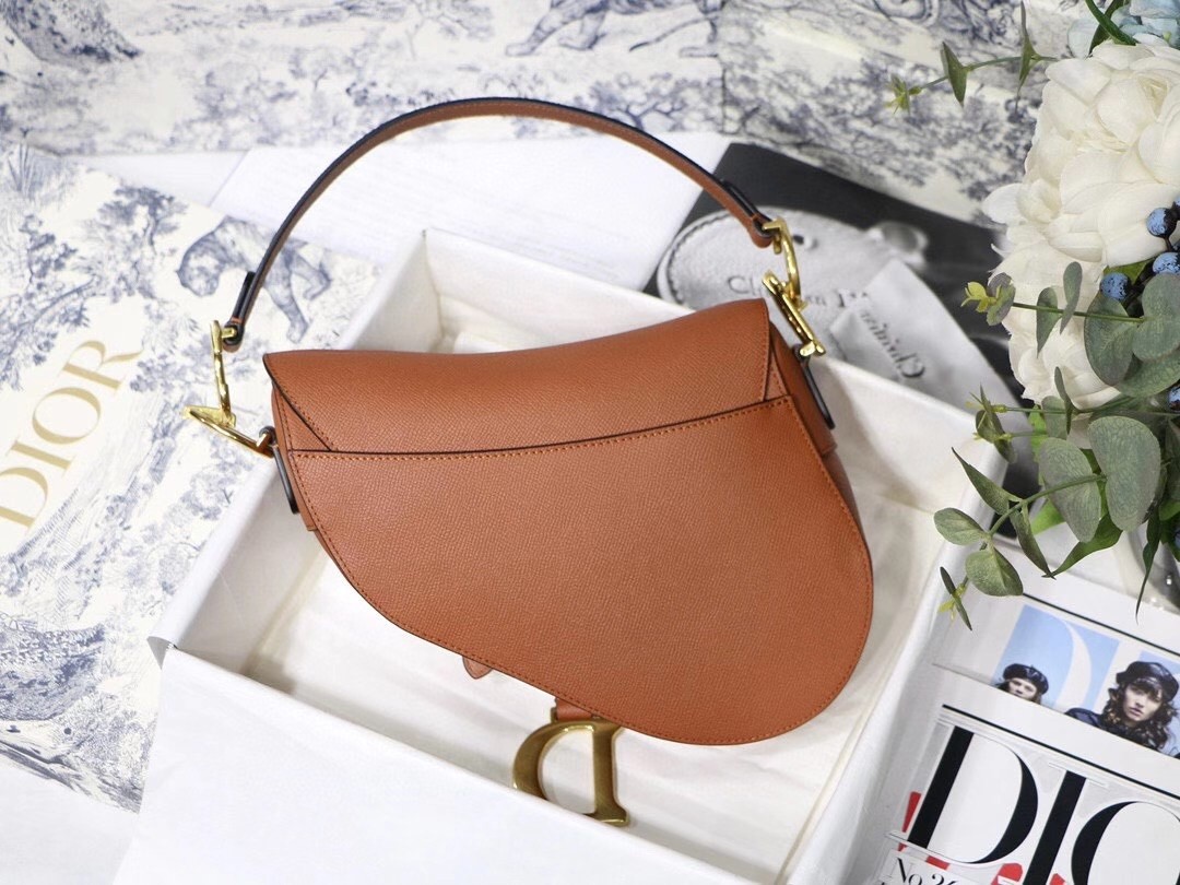 D*or saddle bag in dark tan grained calfskin