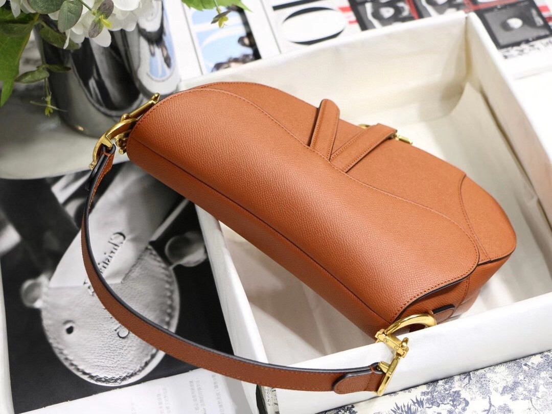 D*or saddle bag in dark tan grained calfskin