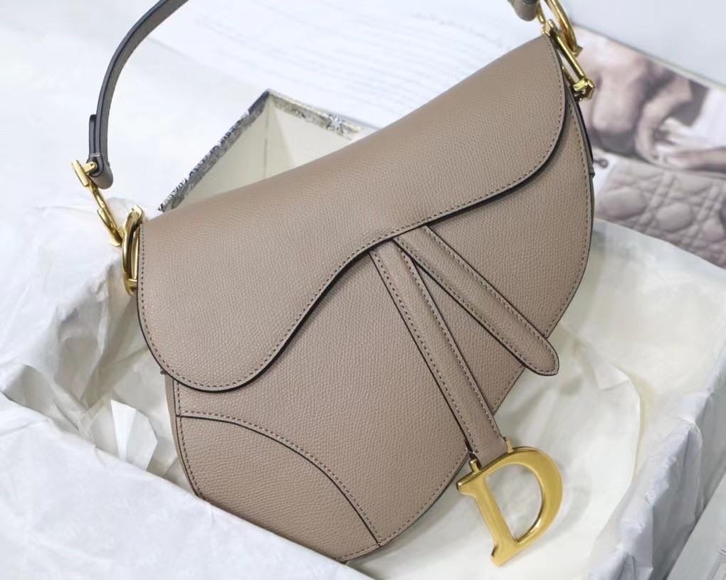 D*or saddle bag in warm taupe grained calfskin