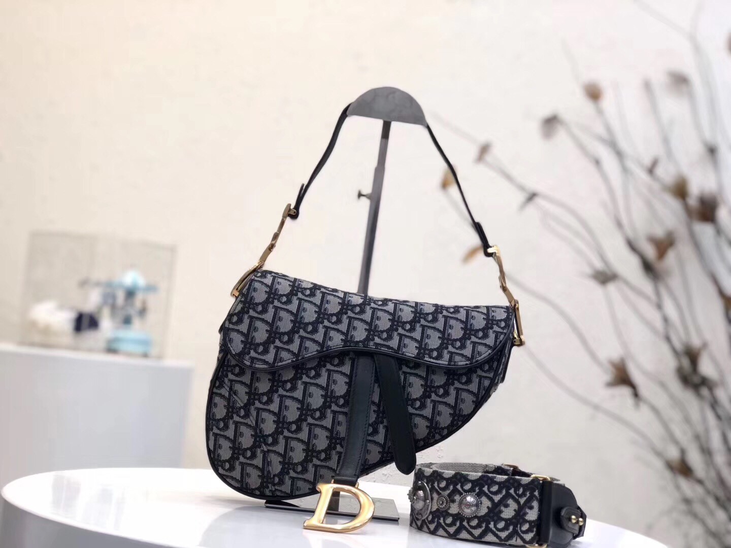 D*or saddle bag in blue oblique jacquard canvas