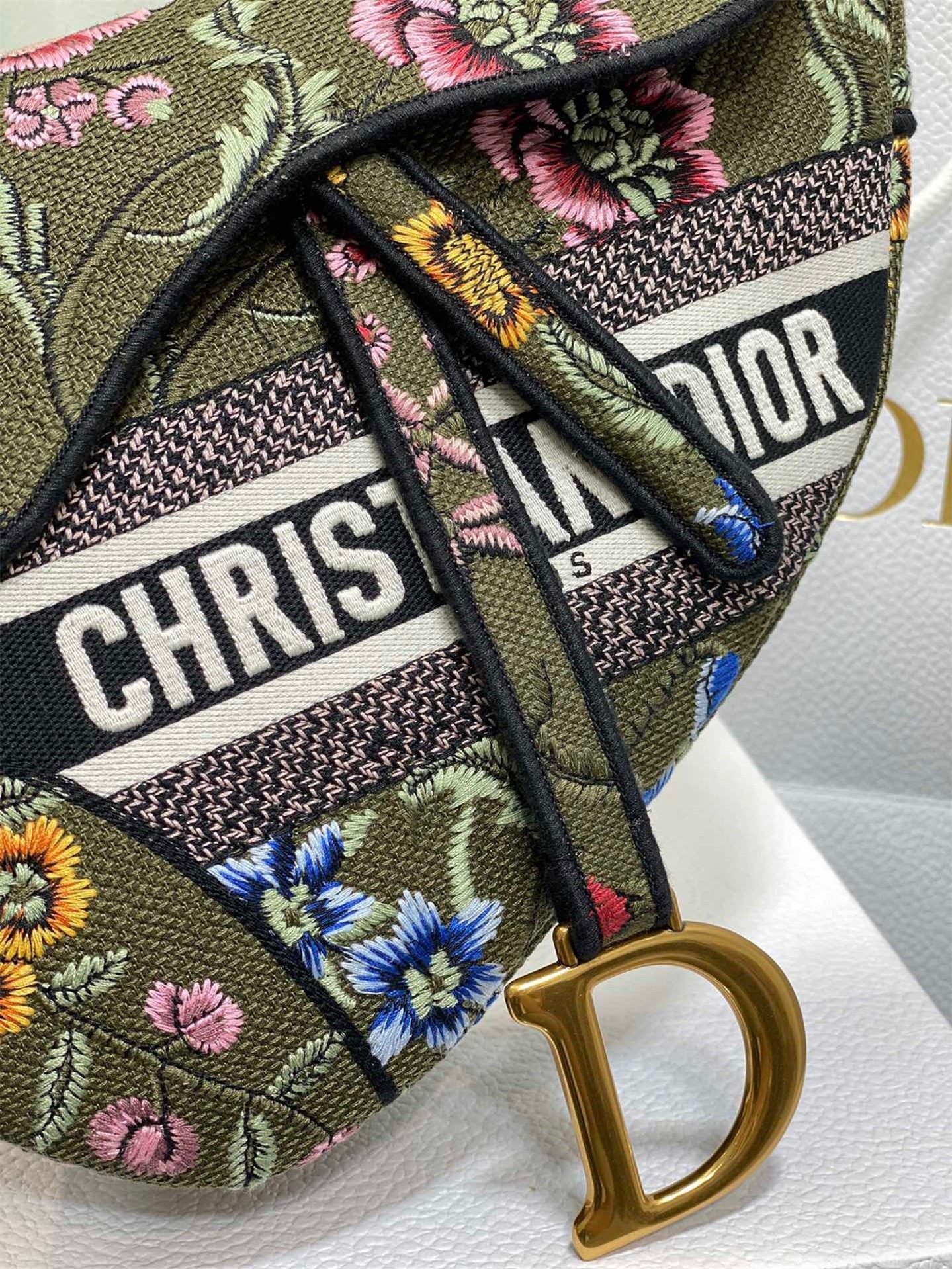D*or saddle bag in green multicolor D*or petites fleurs embroidery
