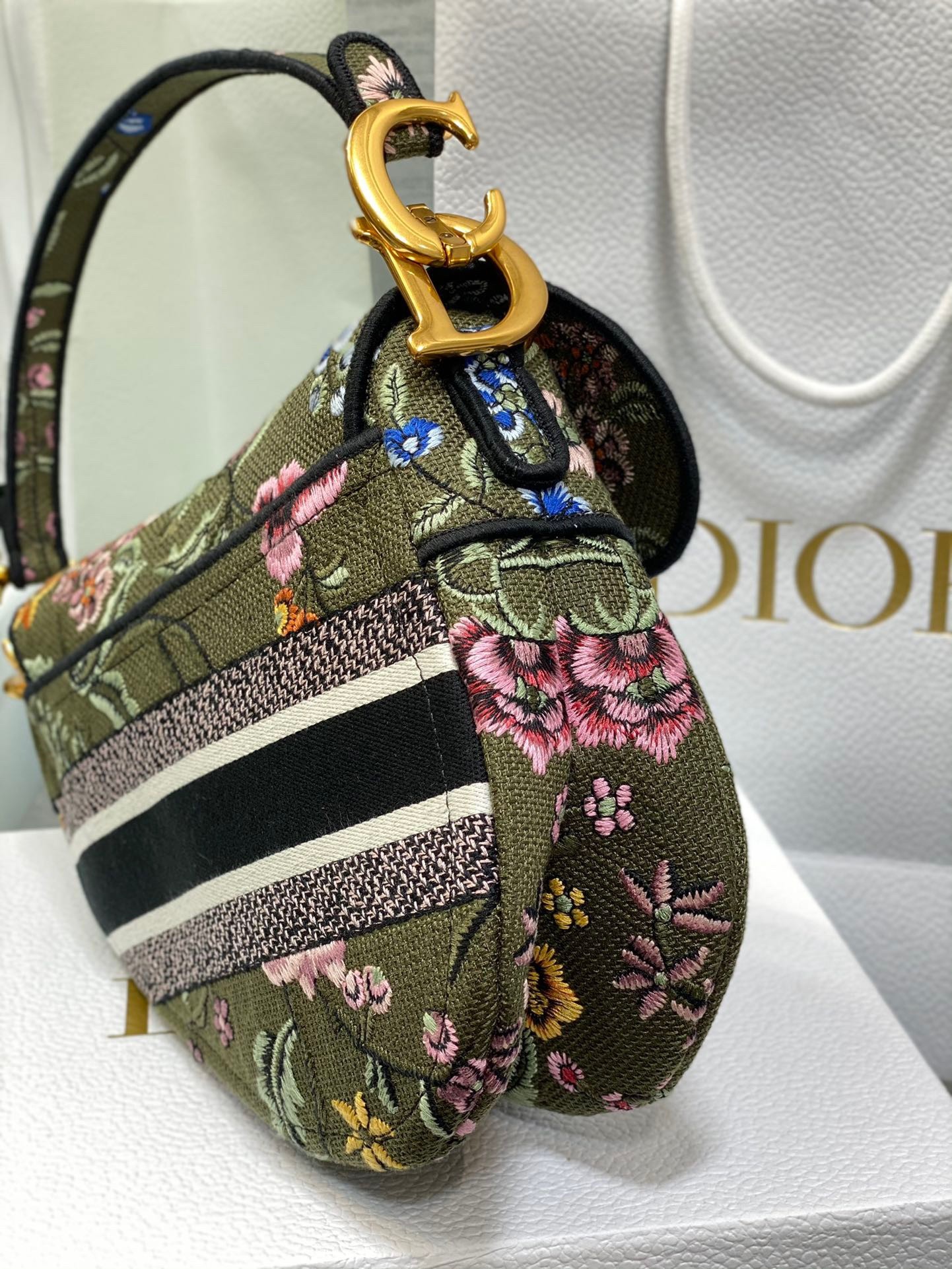 D*or saddle bag in green multicolor D*or petites fleurs embroidery