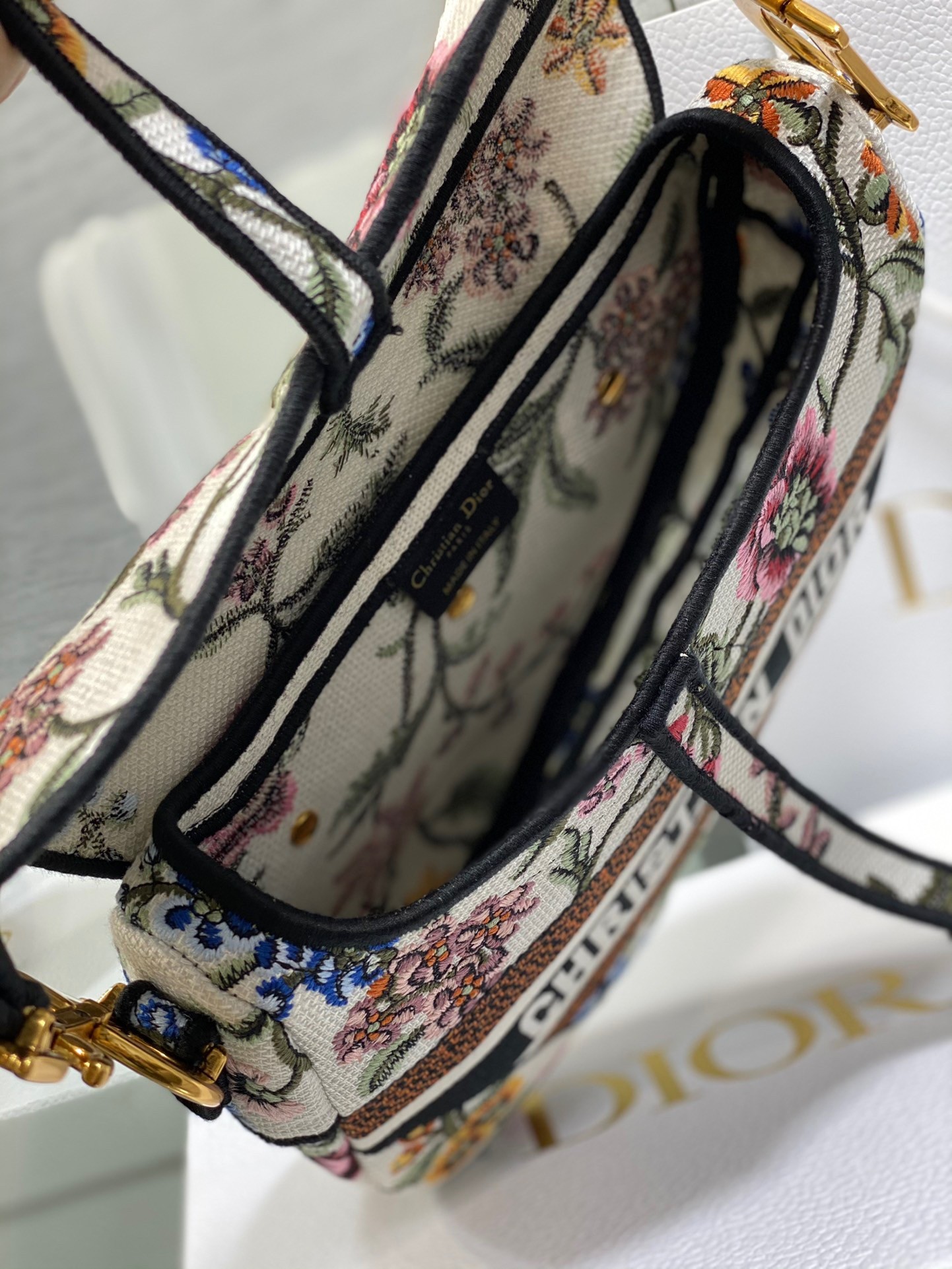 D*or saddle bag in white multicolor D*or petites fleurs embroidery