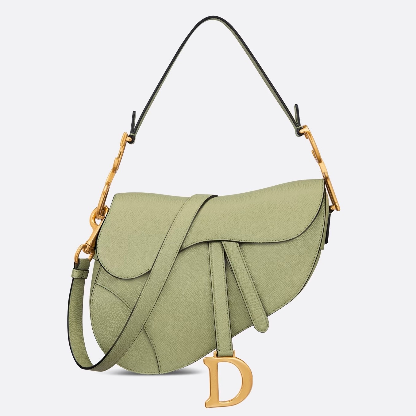 D*or saddle bag with strap in ethereal green grained calfskin