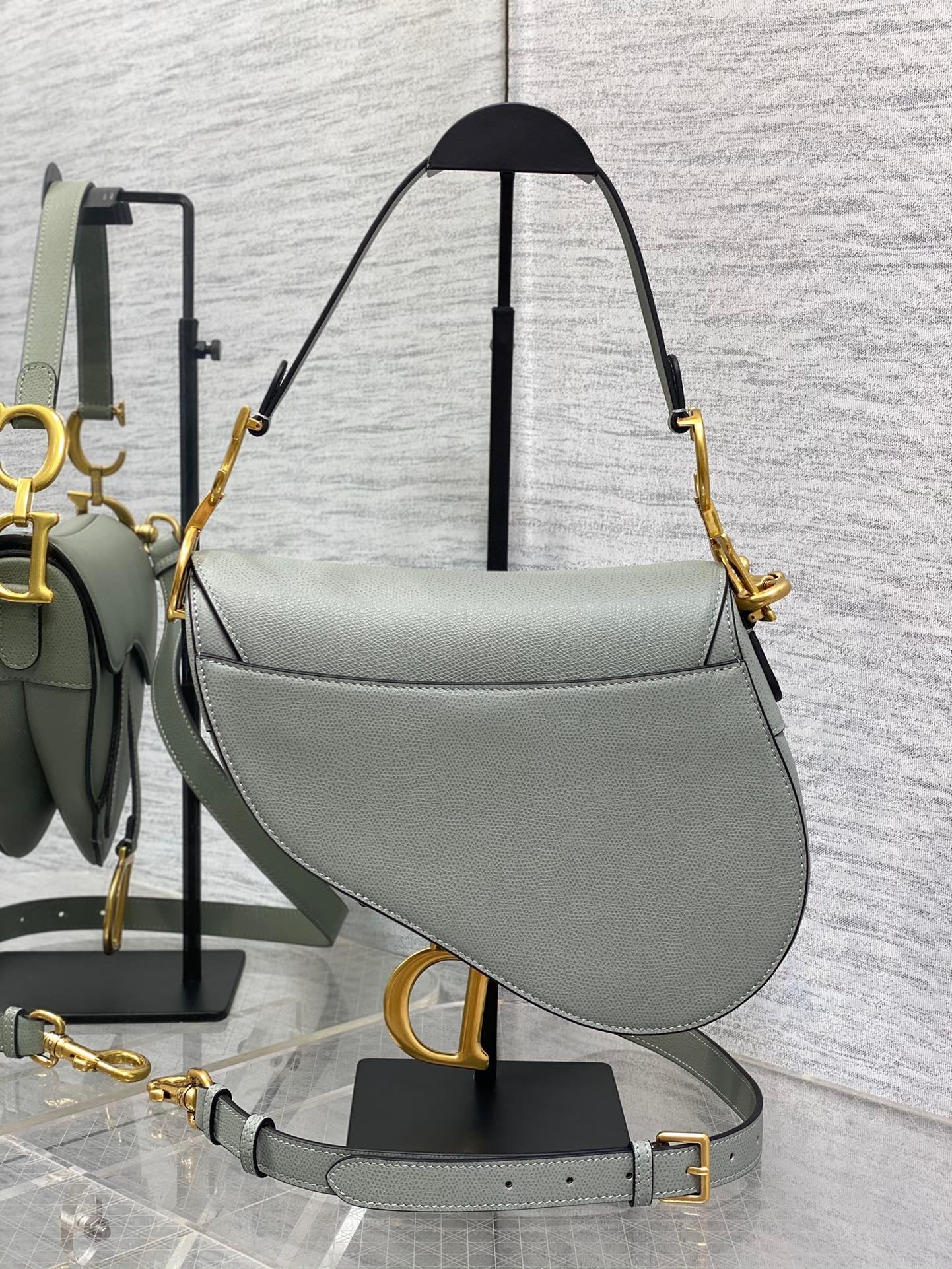 D*or saddle bag with strap in grey stone grained calfskin