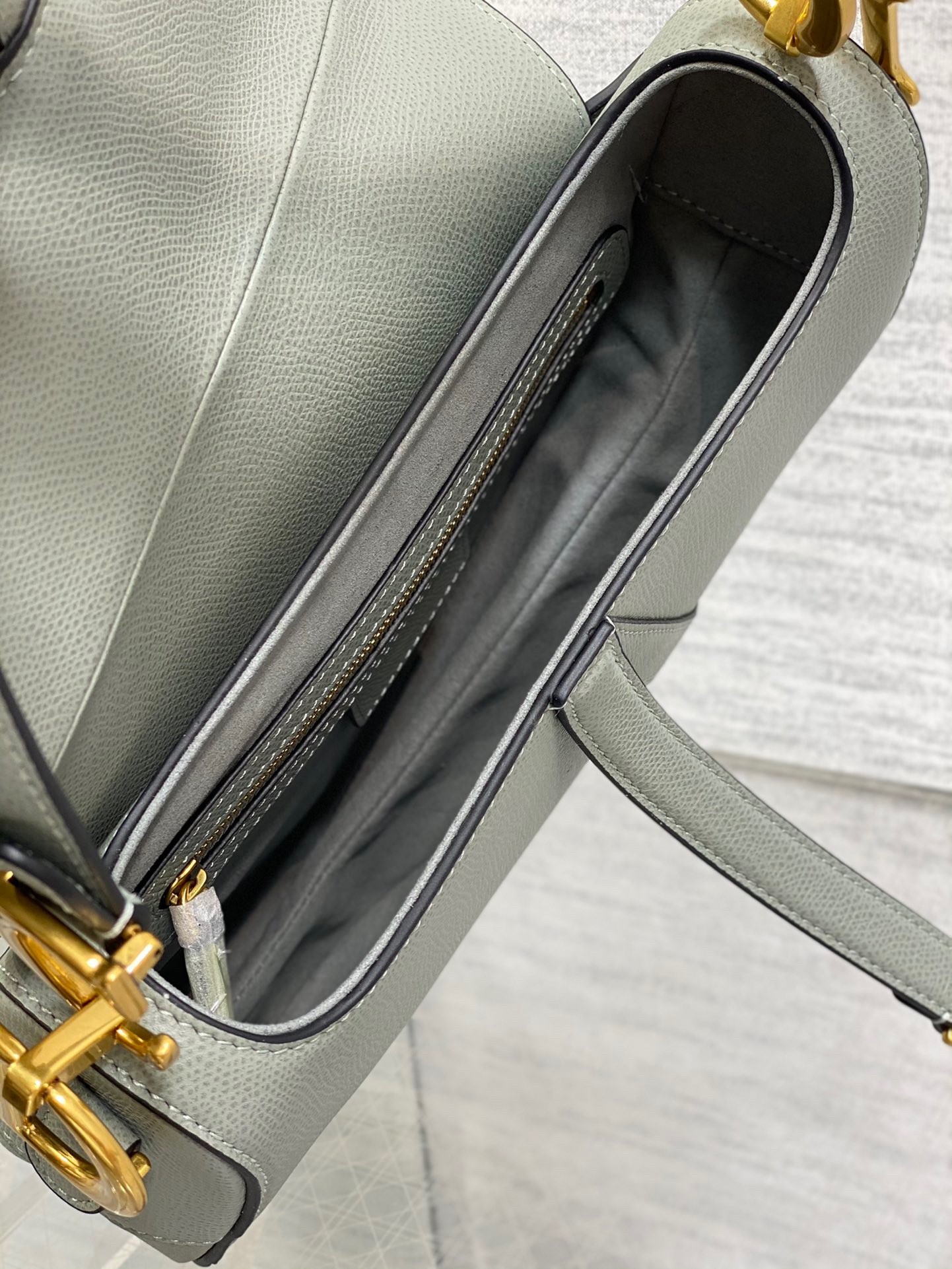 D*or saddle bag with strap in grey stone grained calfskin