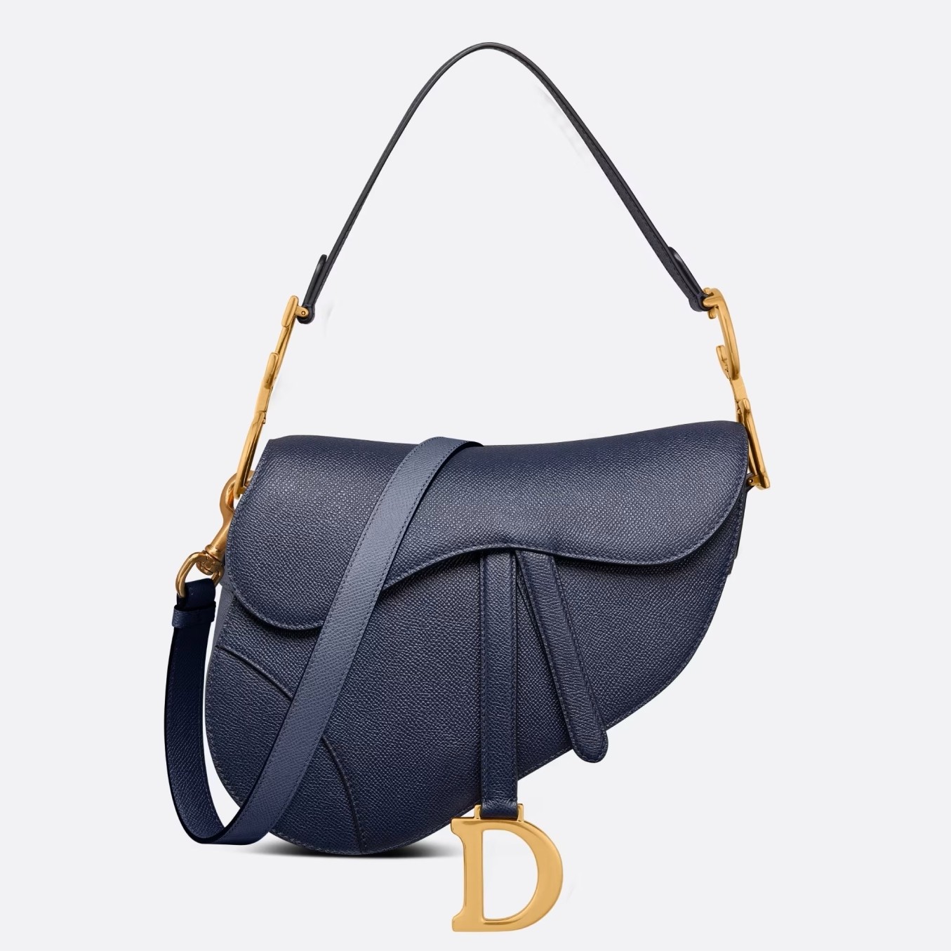 D*or saddle bag with strap in indigo blue grained calfskin