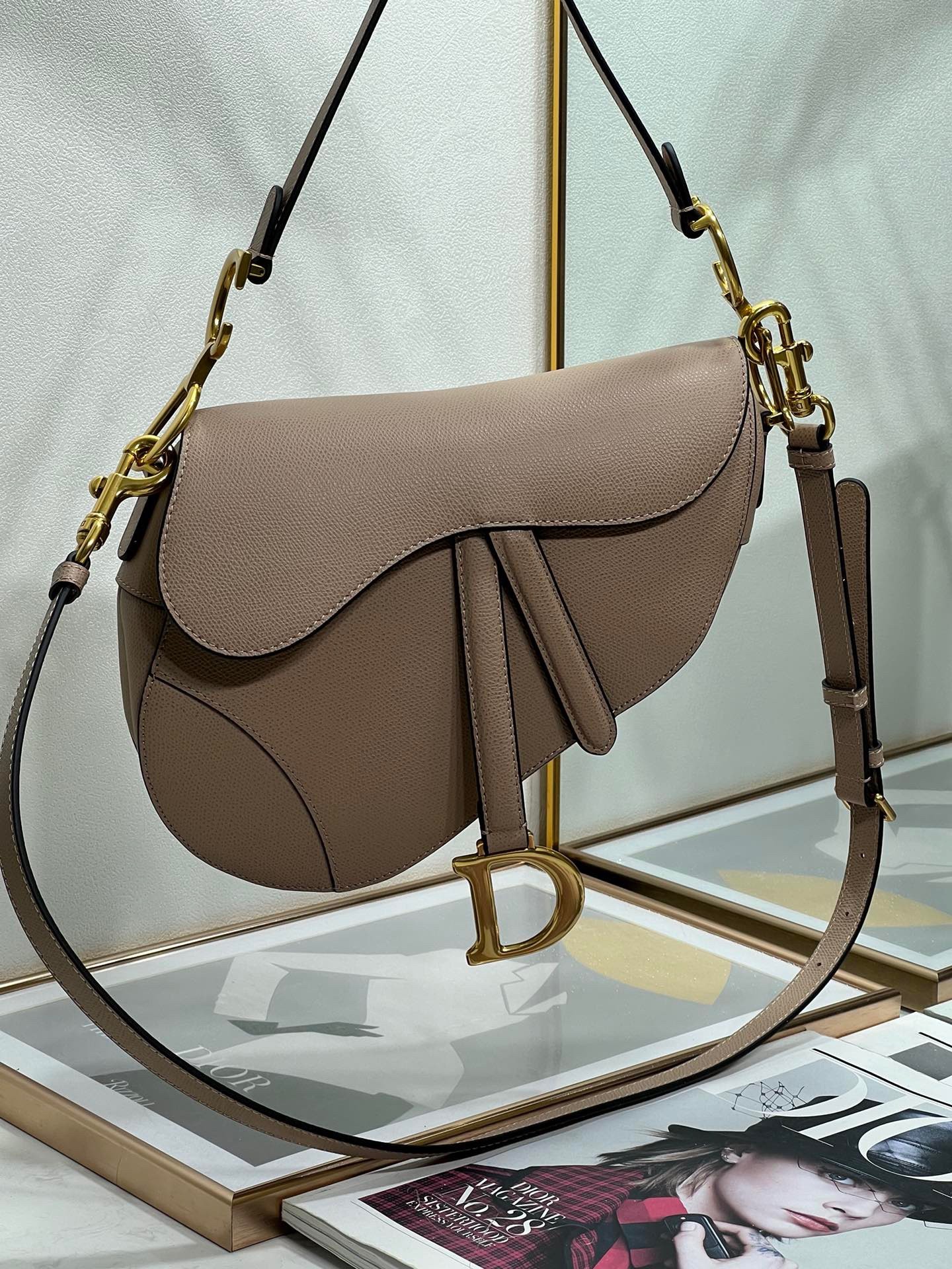 D*or saddle bag with strap in warm taupe grained calfskin