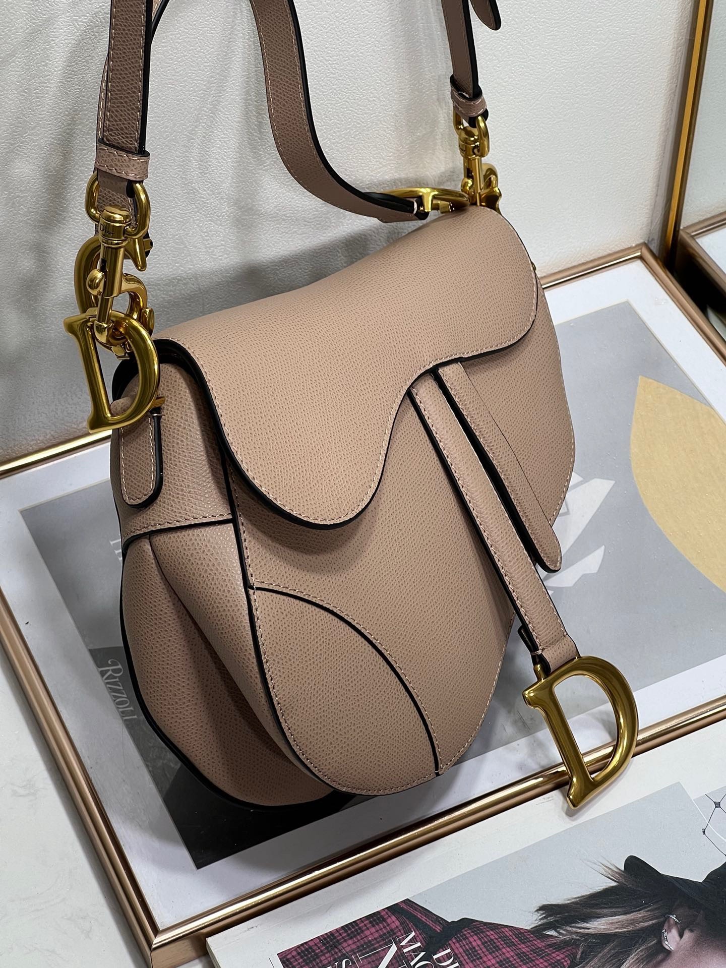 D*or saddle bag with strap in warm taupe grained calfskin