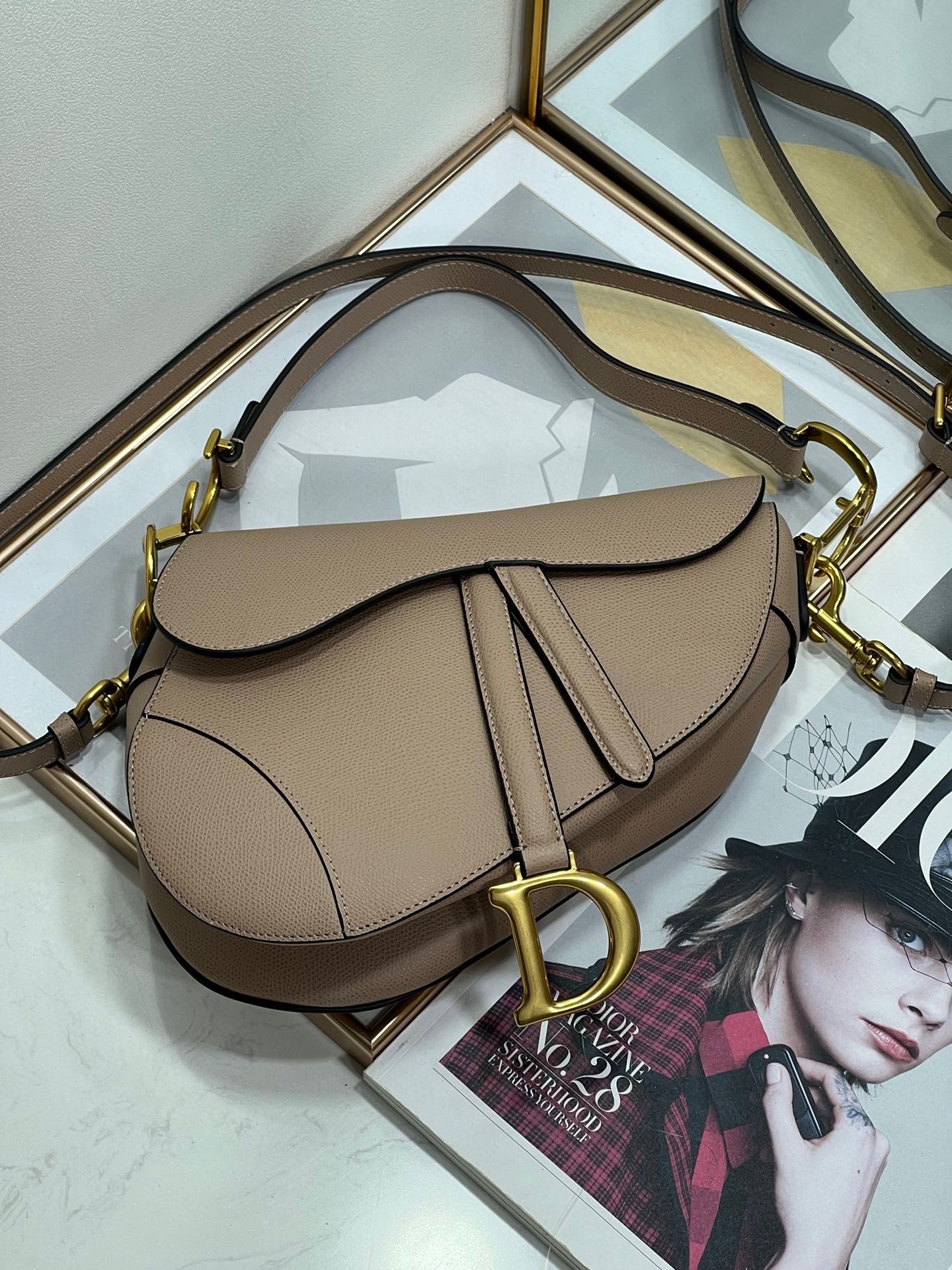 D*or saddle bag with strap in warm taupe grained calfskin