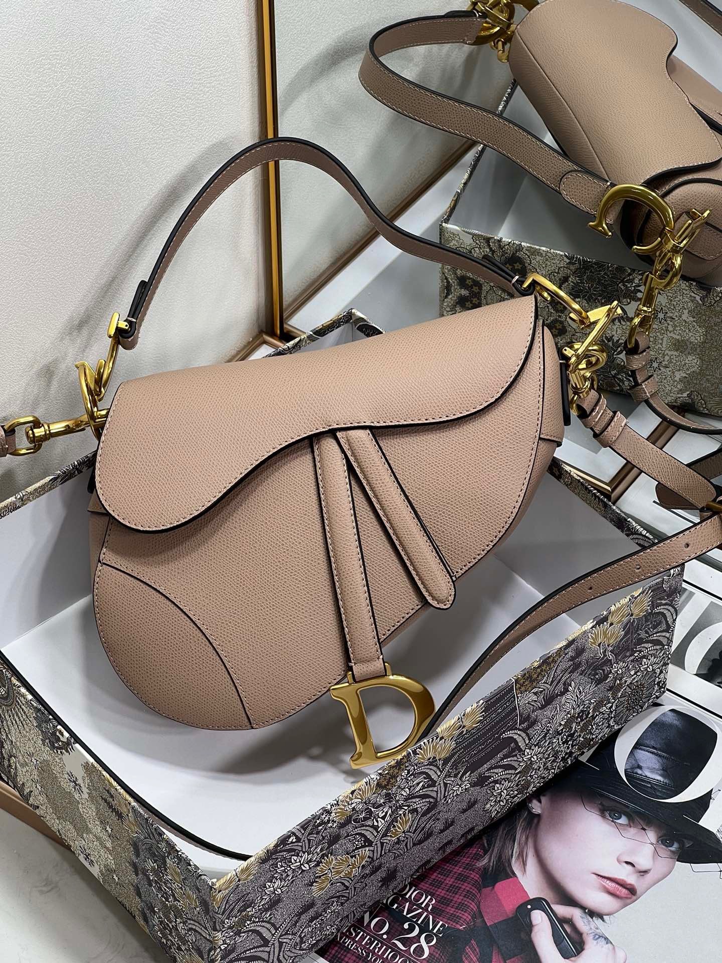 D*or saddle bag with strap in warm taupe grained calfskin