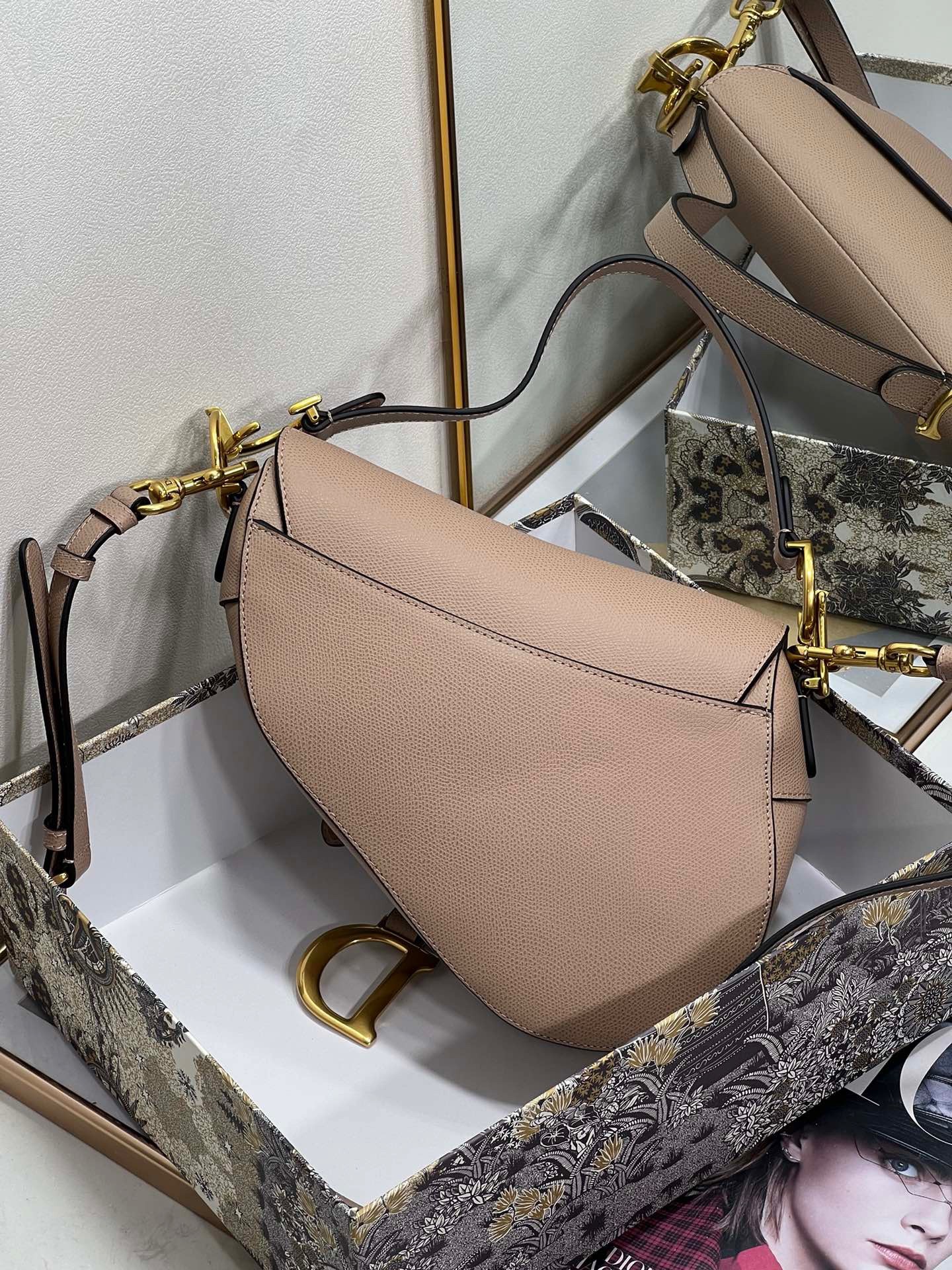 D*or saddle bag with strap in warm taupe grained calfskin