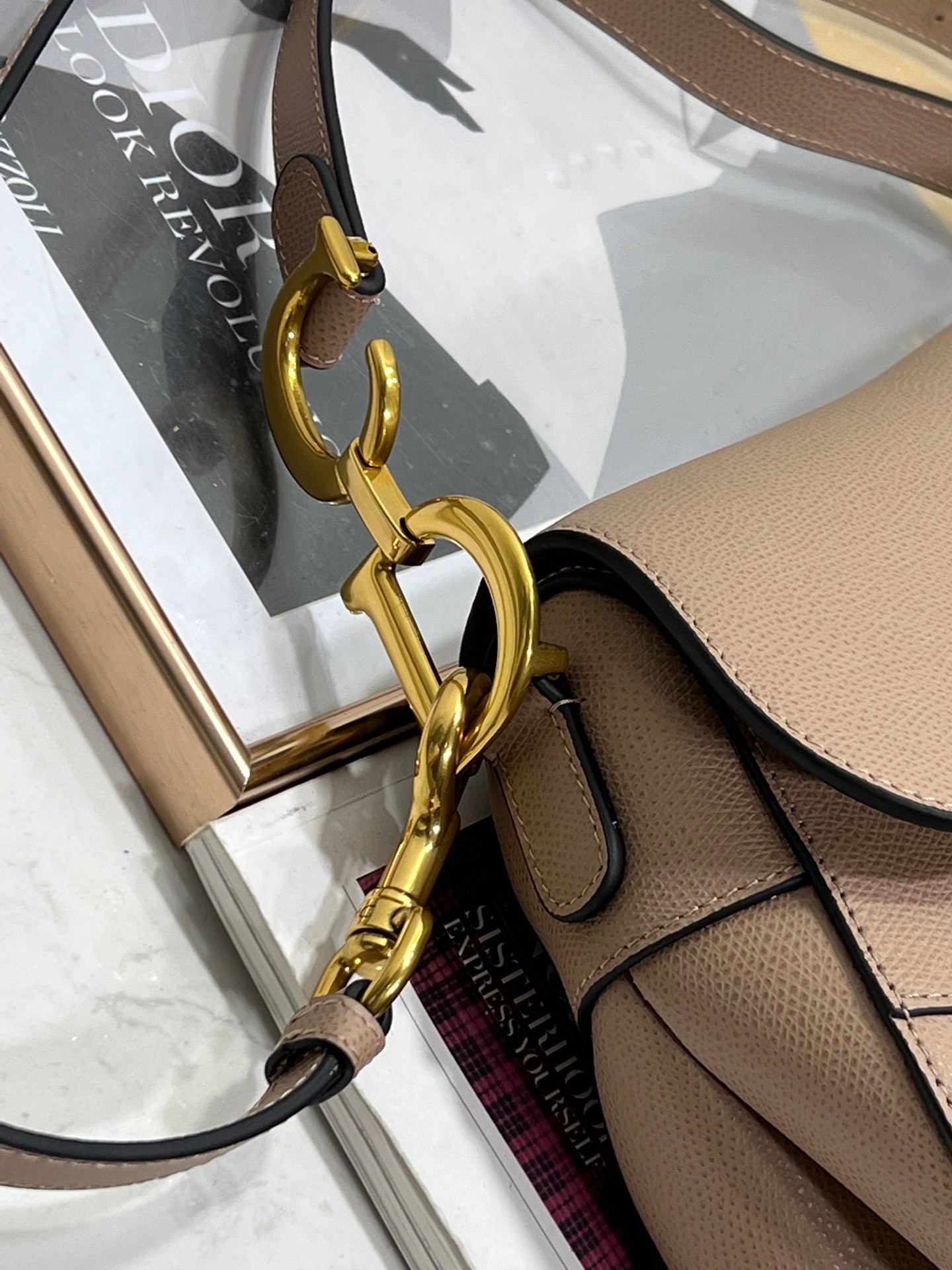 D*or saddle bag with strap in warm taupe grained calfskin