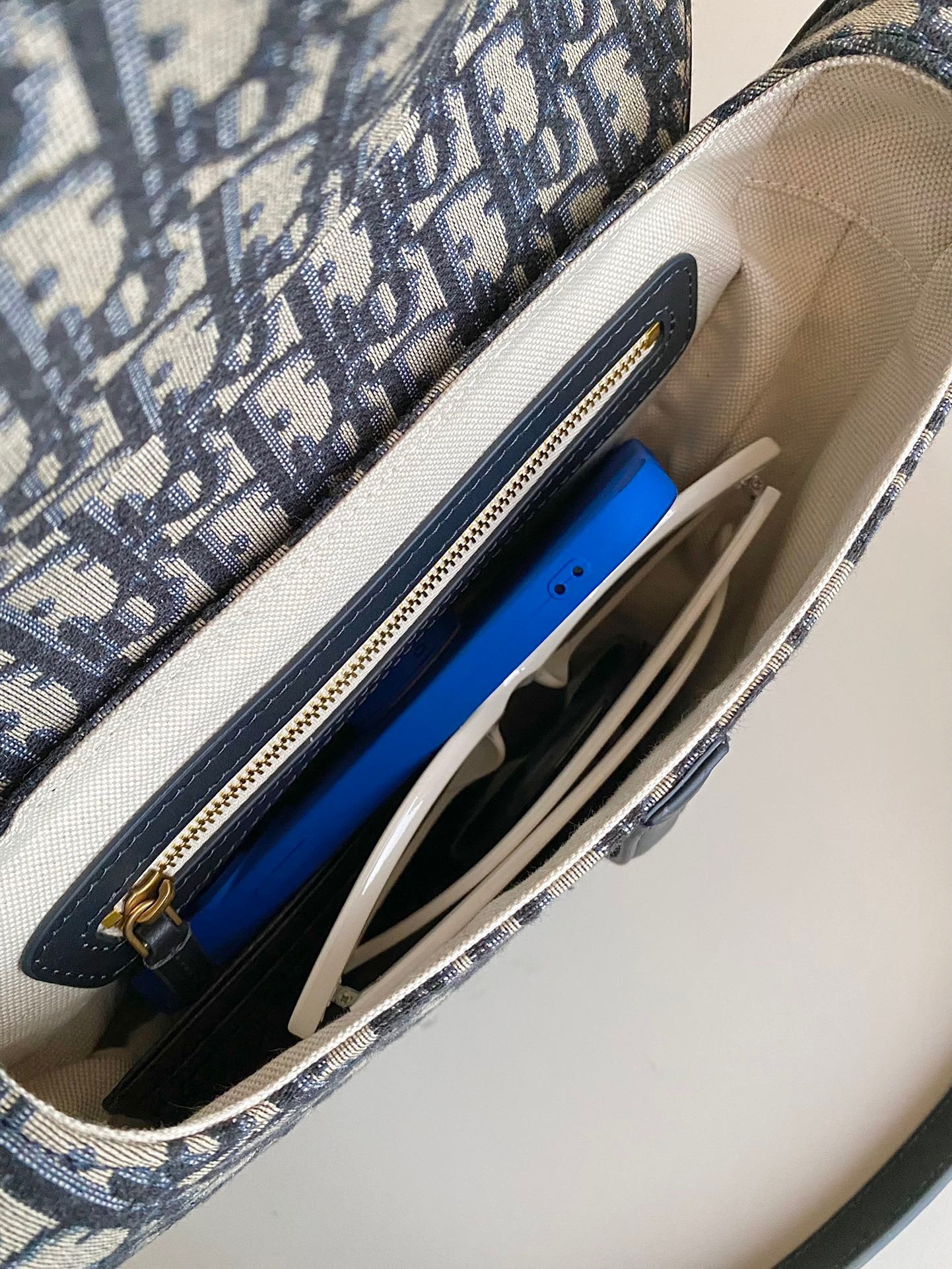 D*or saddle bag with strap in blue oblique jacquard