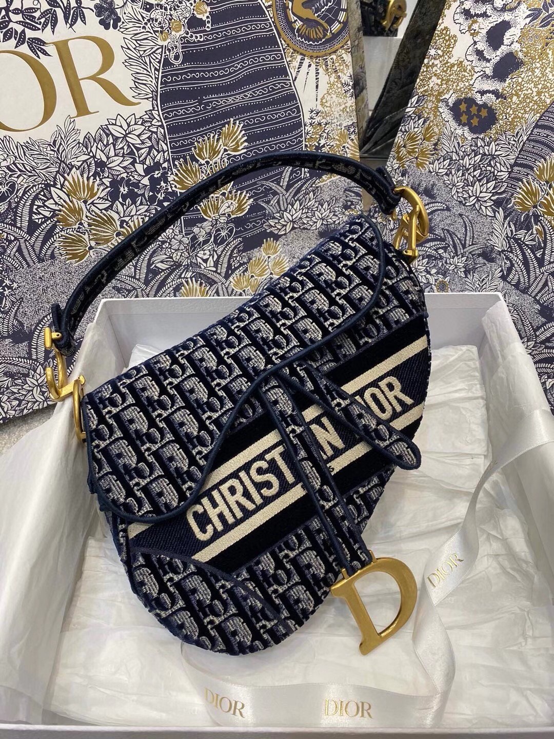 D*or saddle bag in blue D*or oblique embroidered velvet