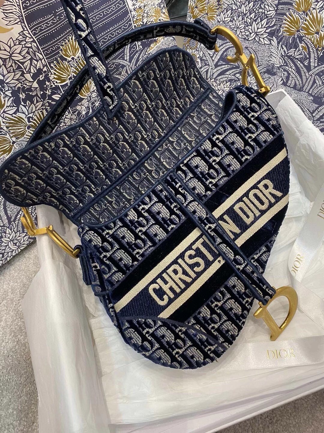 D*or saddle bag in blue D*or oblique embroidered velvet