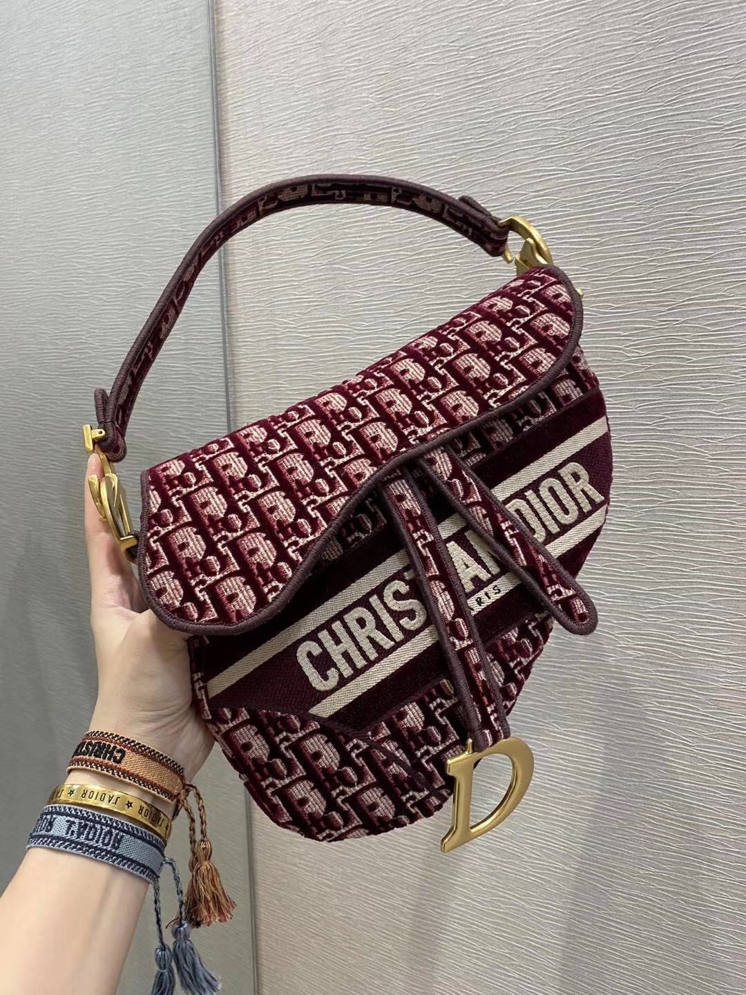 D*or saddle bag in burgundy D*or oblique embroidered velvet