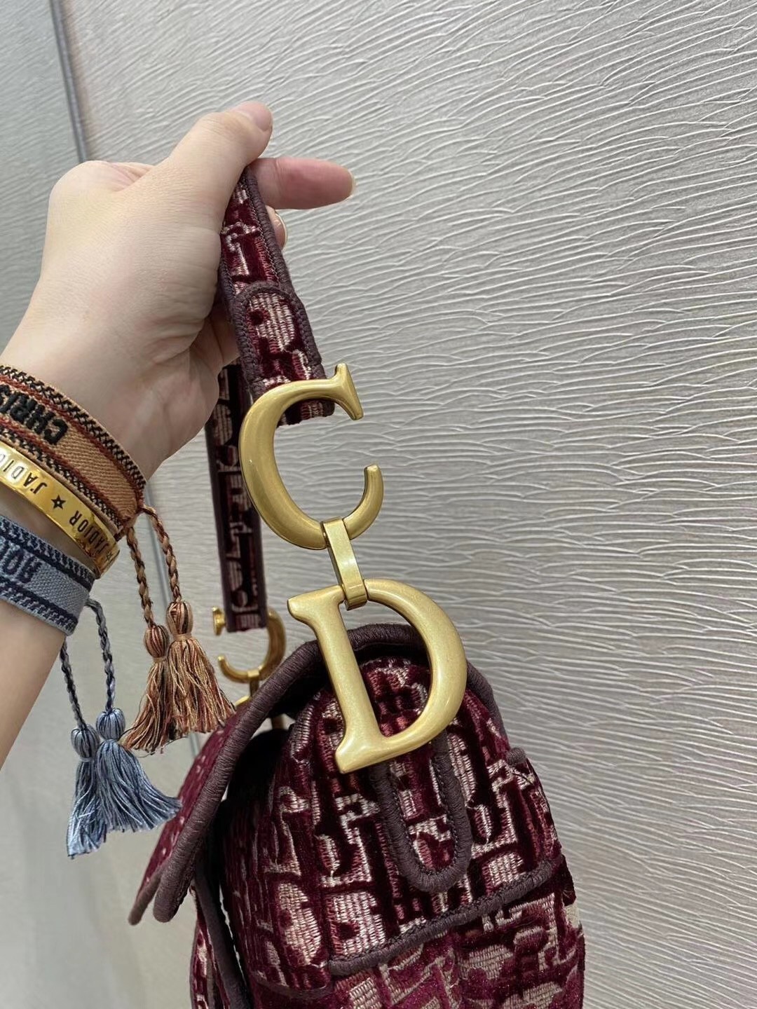 D*or saddle bag in burgundy D*or oblique embroidered velvet