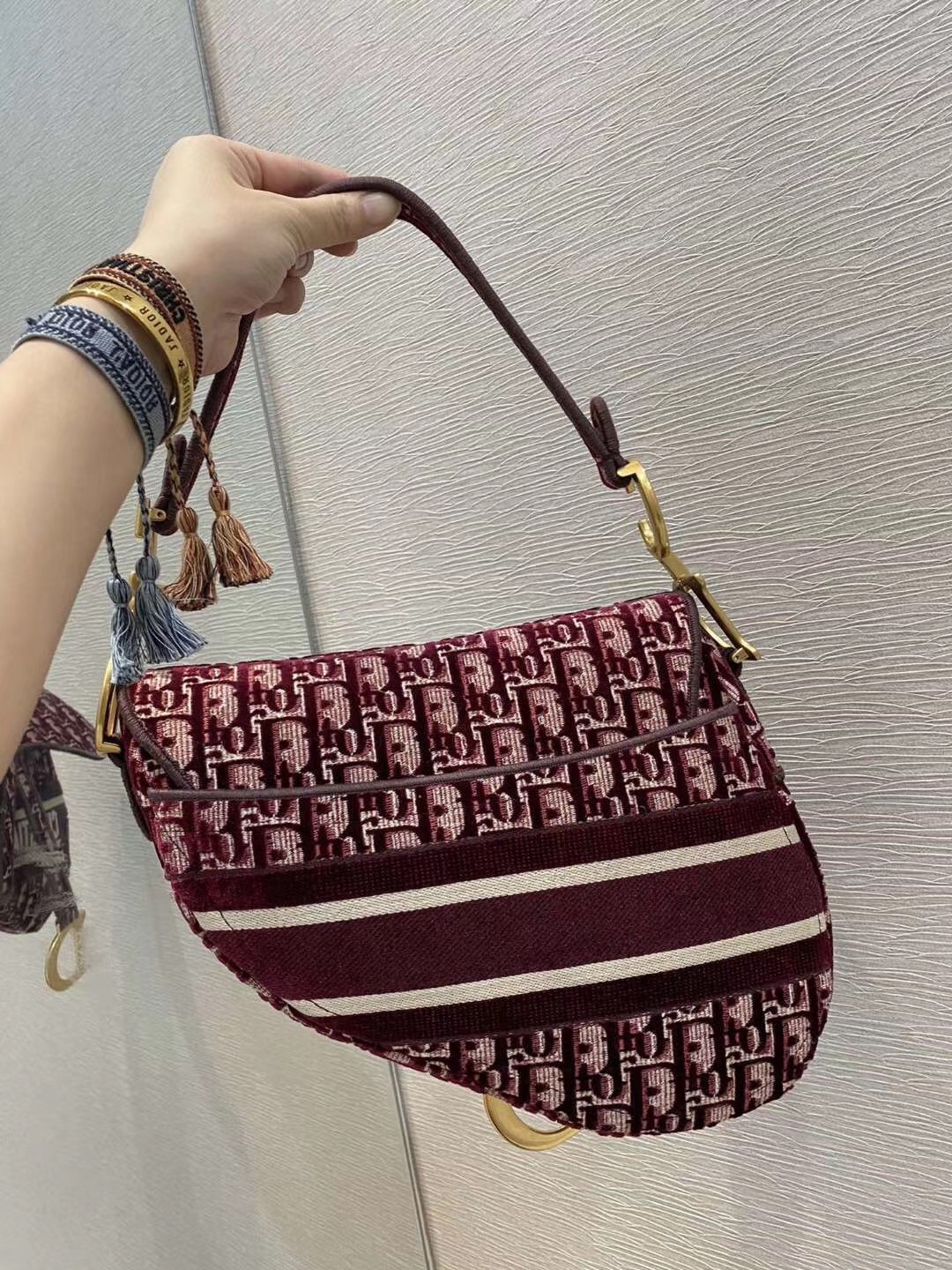 D*or saddle bag in burgundy D*or oblique embroidered velvet