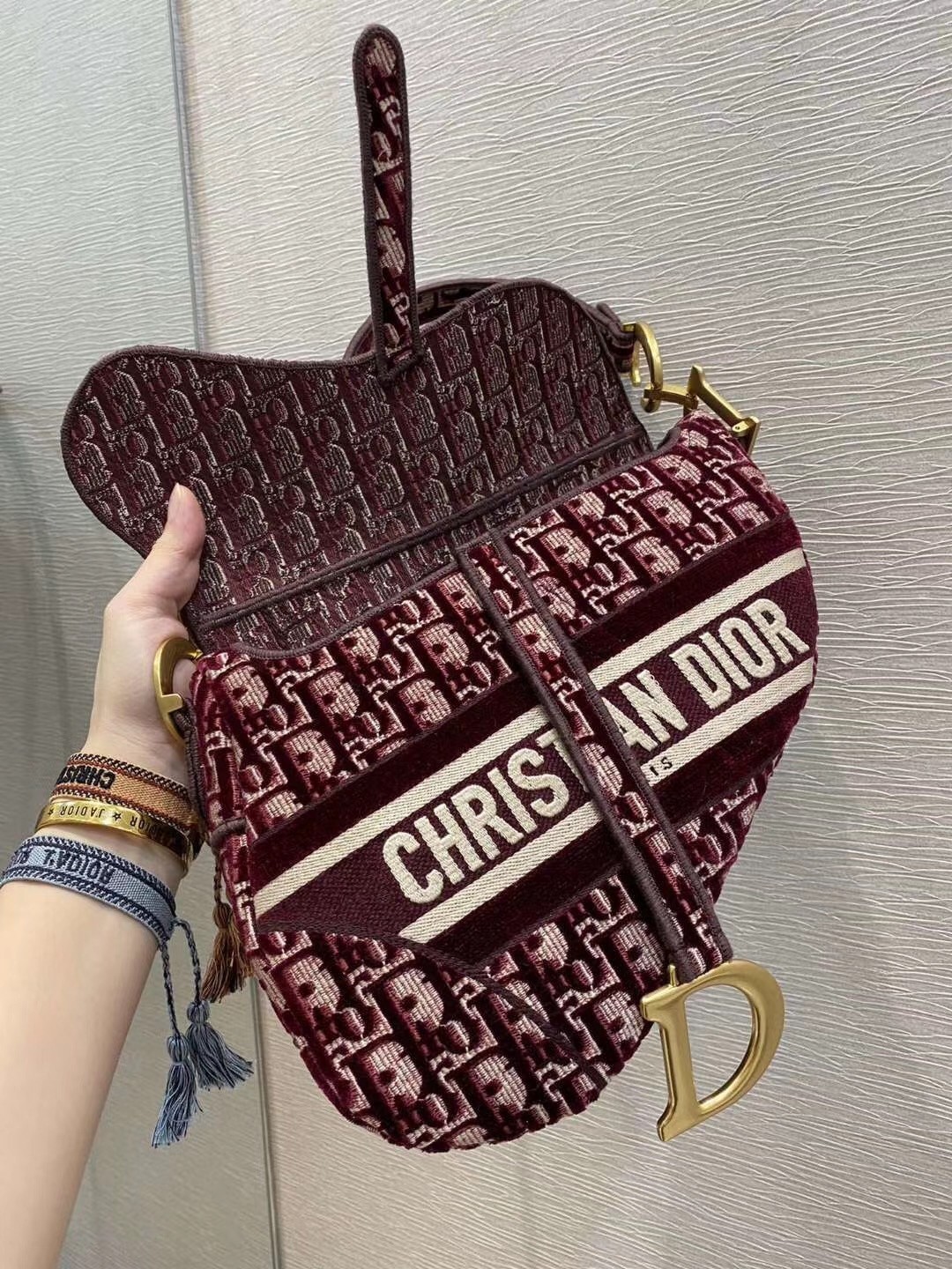 D*or saddle bag in burgundy D*or oblique embroidered velvet