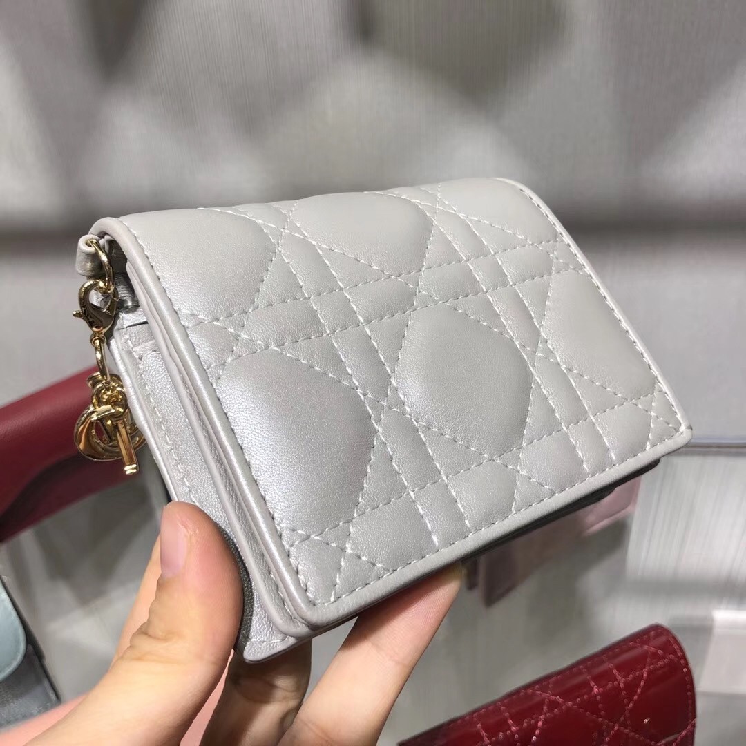 D*or mini lady D*or wallet in opal grey pearly lambskin
