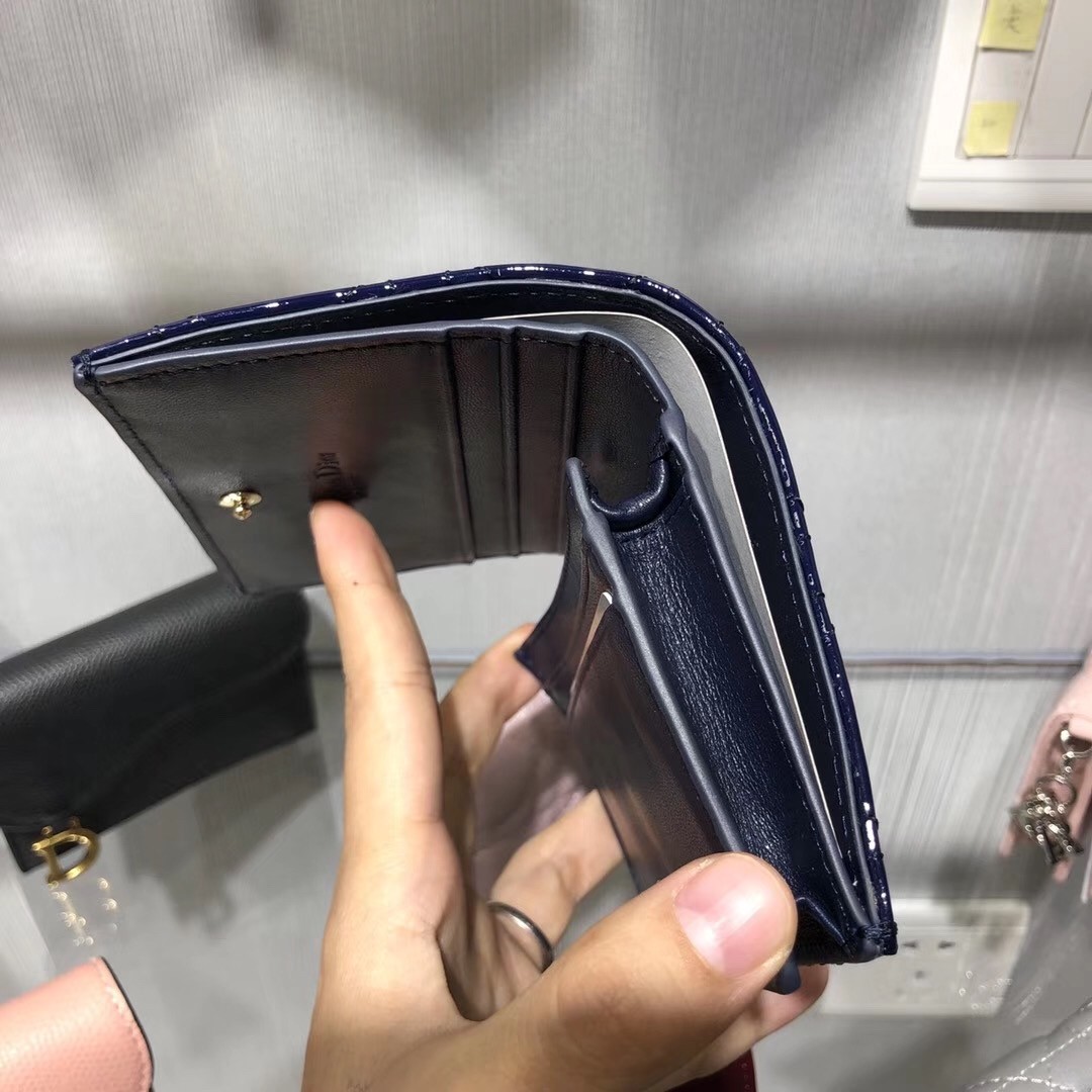 D*or mini lady D*or wallet in indigo blue patent leather