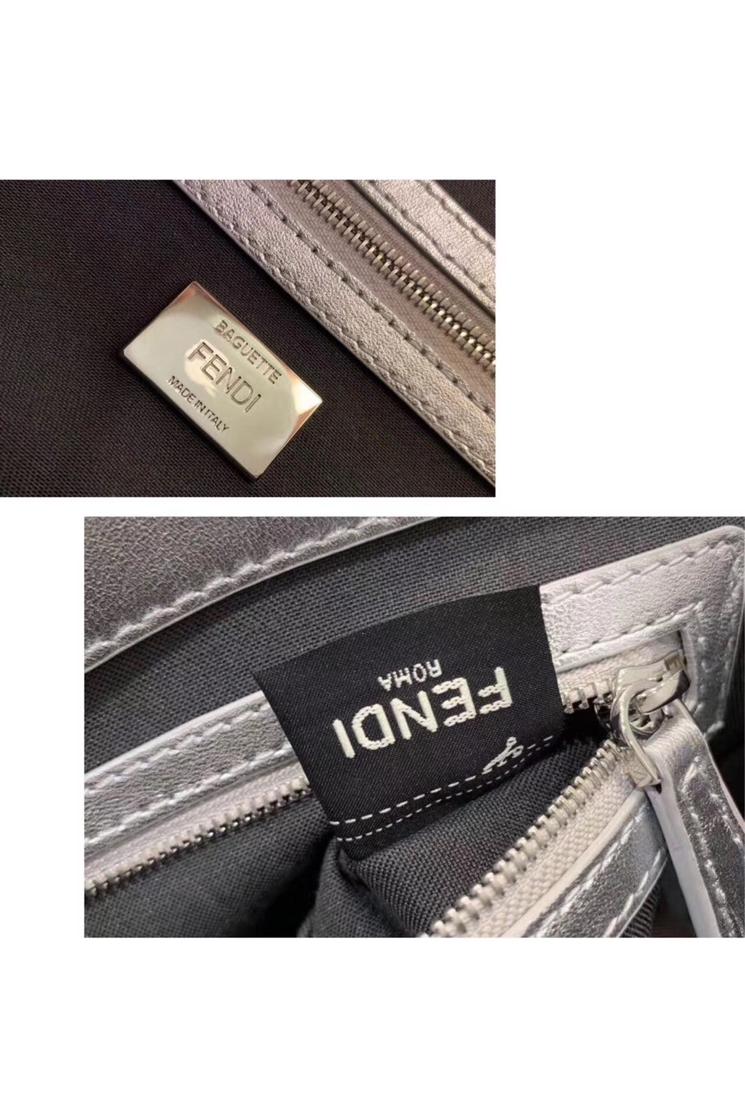F**di baguette medium bag in silver lambskin with ff motif
