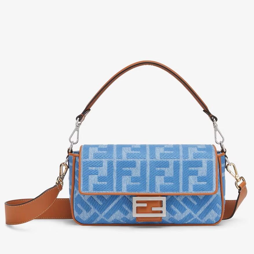 f**di baguette medium bag in De*1m with ff embroidery
