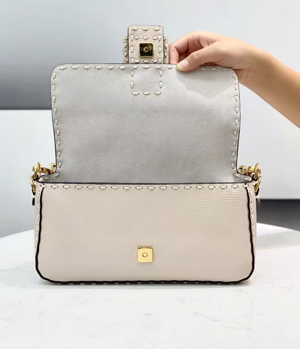 F**di medium baguette bag in white grain leather