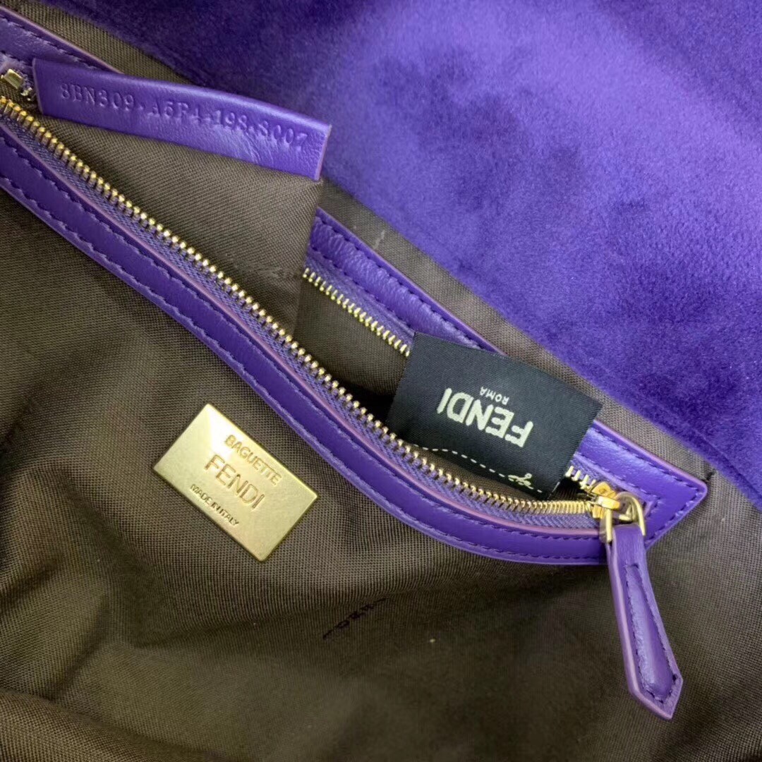 F**di purple velvet ff motif medium baguette bag