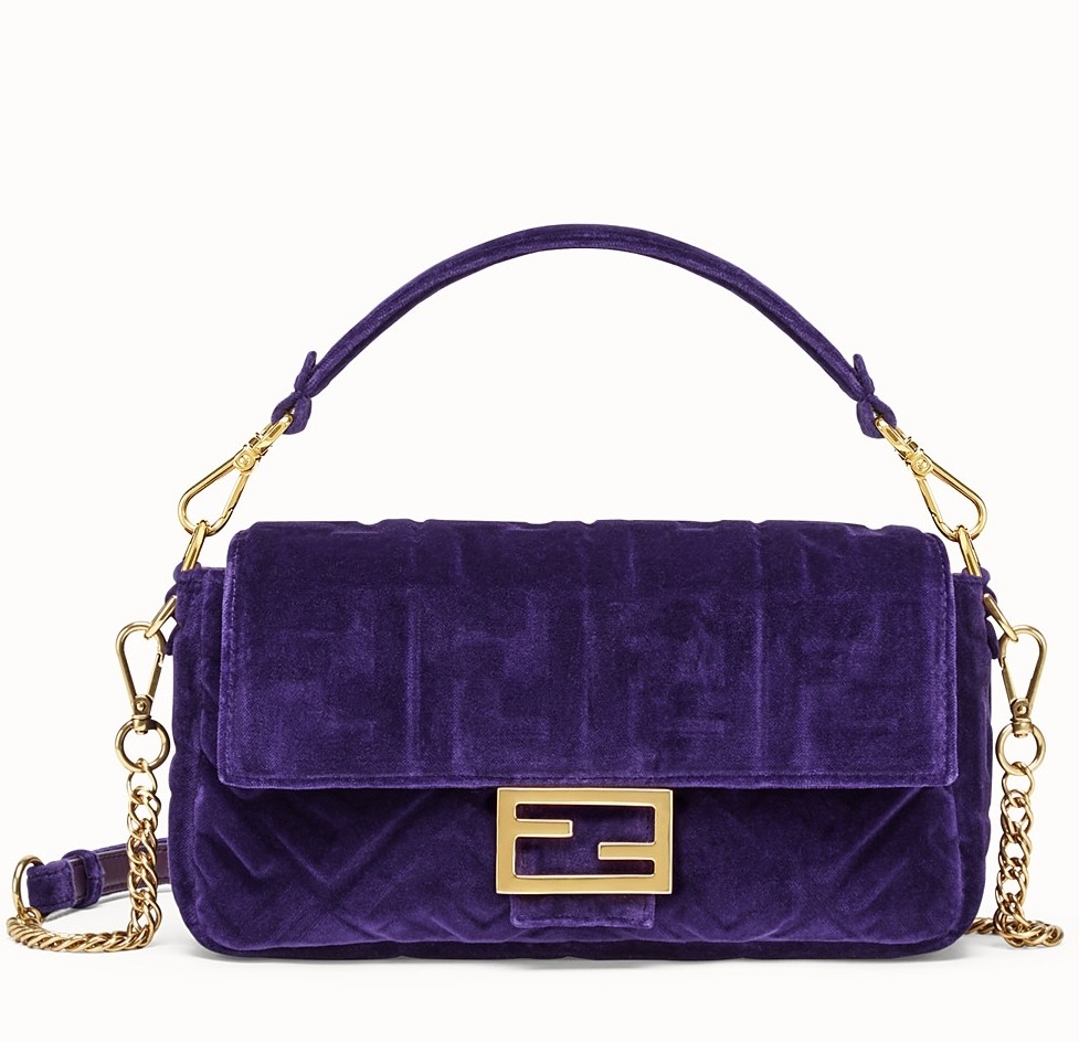 F**di purple velvet ff motif medium baguette bag
