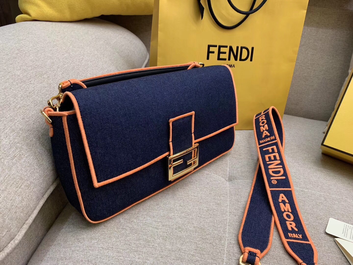 f**di large baguette bag in blue De*1m with orange trim