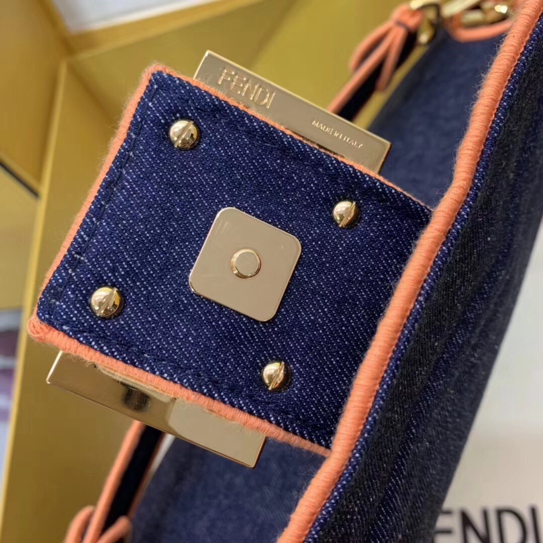f**di large baguette bag in blue De*1m with orange trim