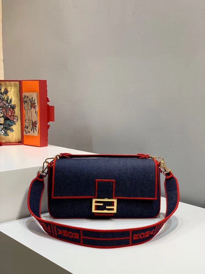 f**di large baguette bag in blue De*1m with red trim