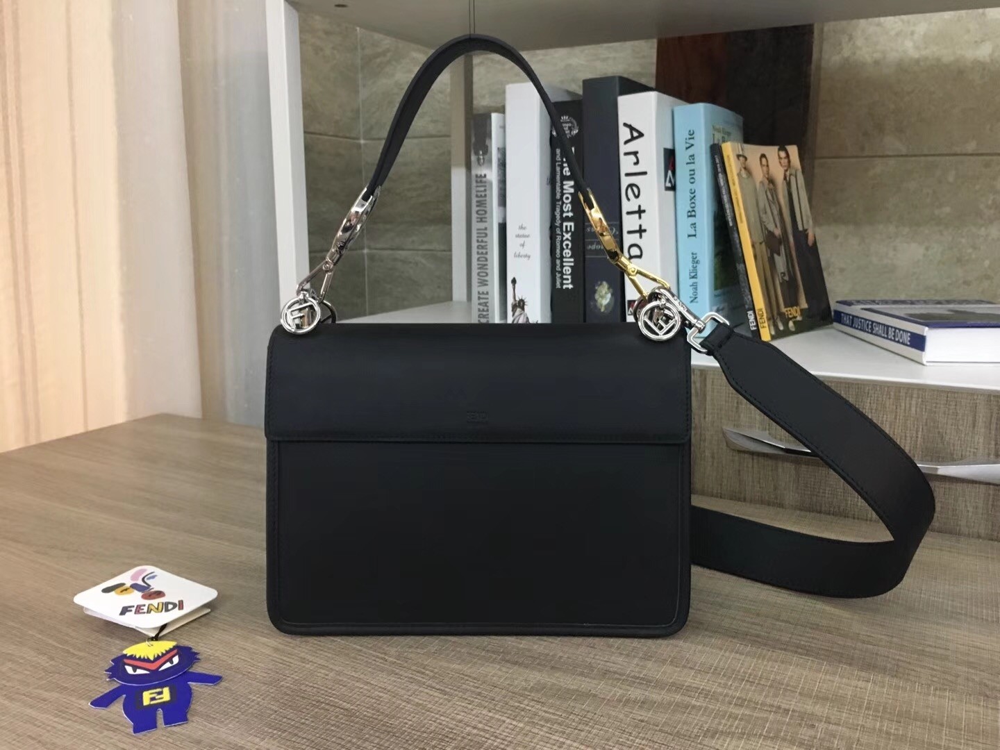 F**di kan i f shoulder bag in black calfskin