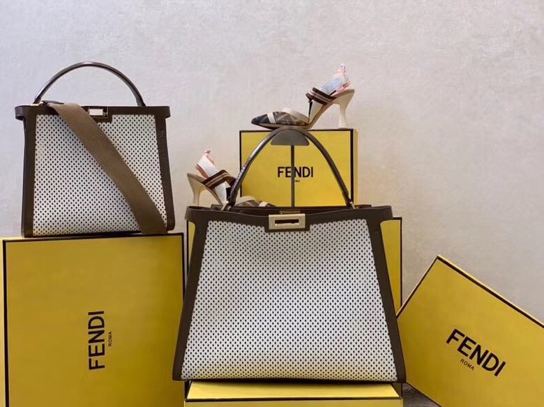F**di peekaboo x lite large bag in white perforated leather