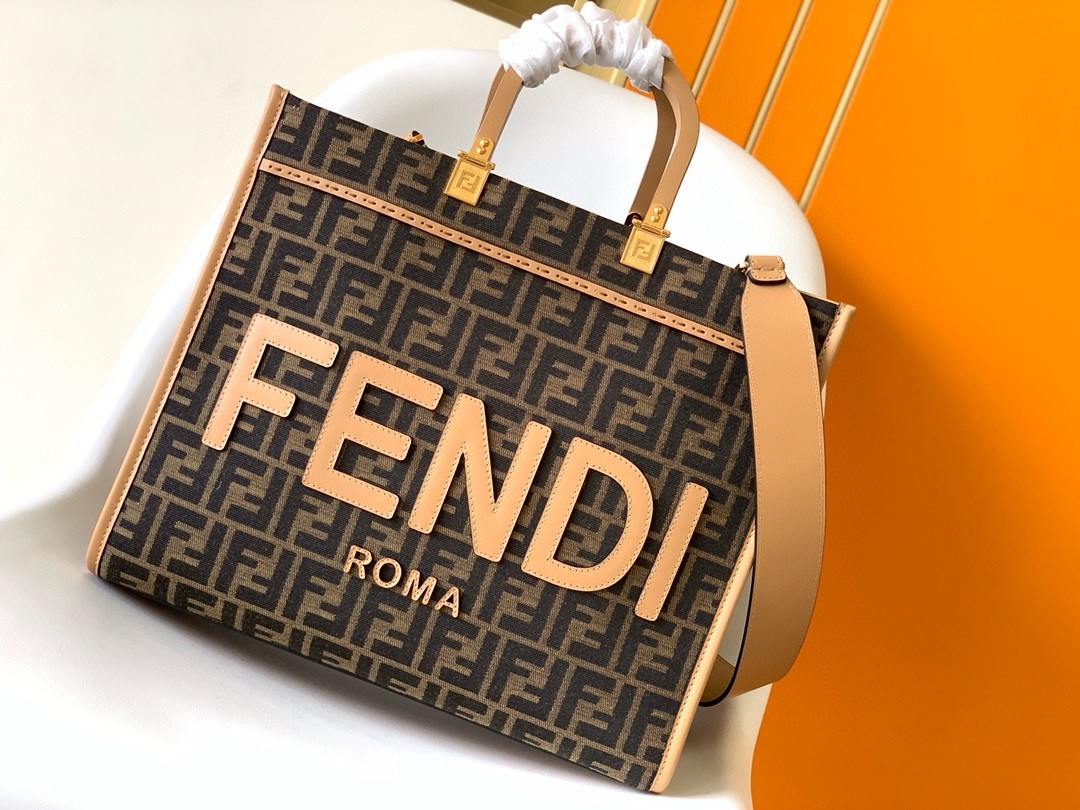 F**di sunshine medium tote bag in brown ff jacquard fabric