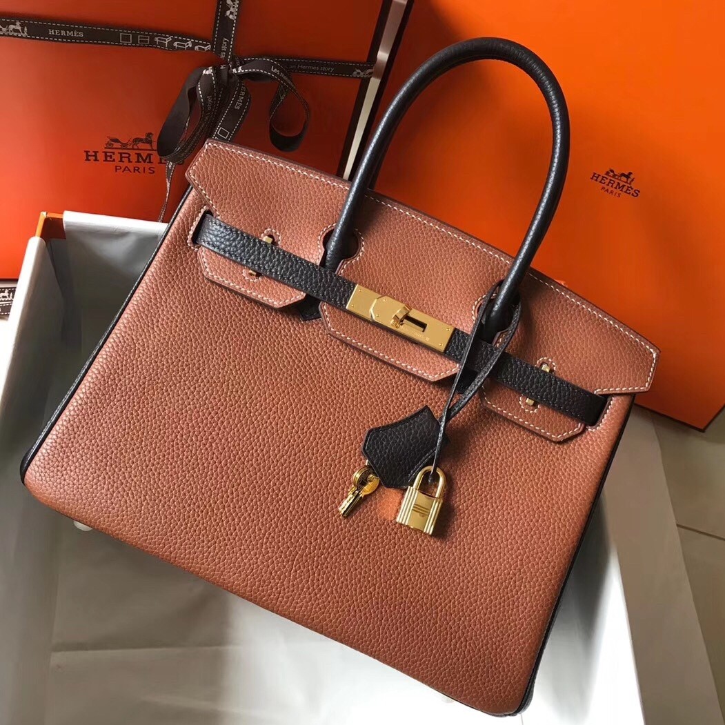 H**mes bi-color birkin 30cm bag in brown/black clemence leather