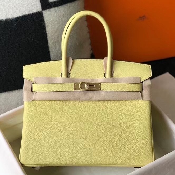 H**mes birkin 30cm bag in jaune poussin clemence leather ghw