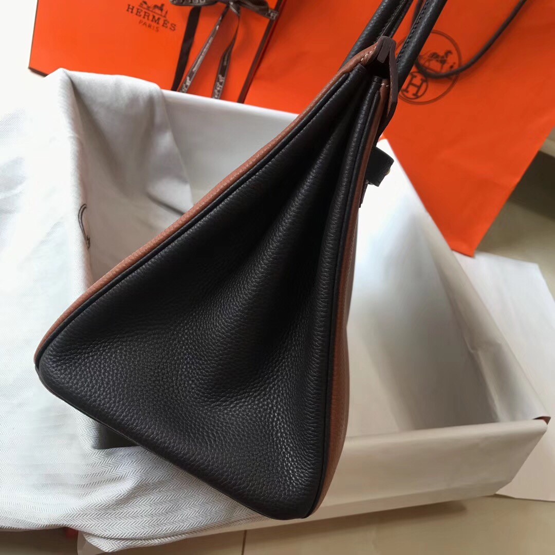 H**mes bi-color birkin 35cm bag in brown/black clemence leather