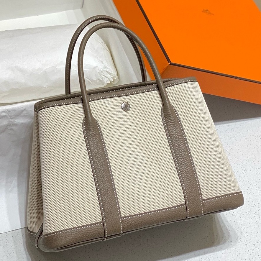 H**mes garden party 30cm bag in toile and taupe leather