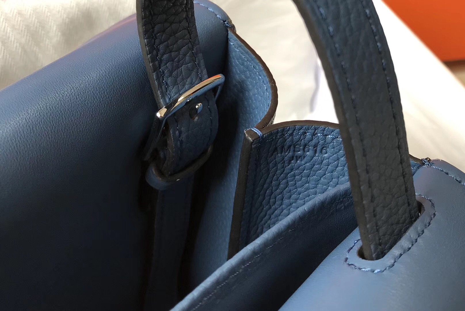 H**mes halzan 31cm bag in blue agate clemence leather